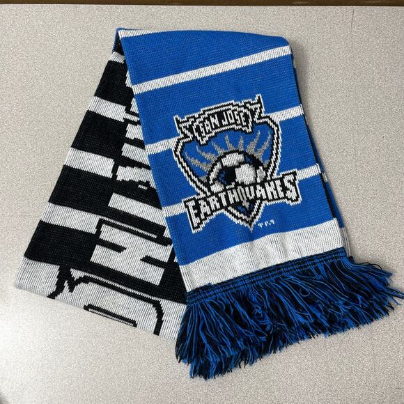 San Jose Earthquakes MLS Soccer Scarf Blue Knit Fringe Black Acrylic Outdoor 57" - Picture 2 of 5
